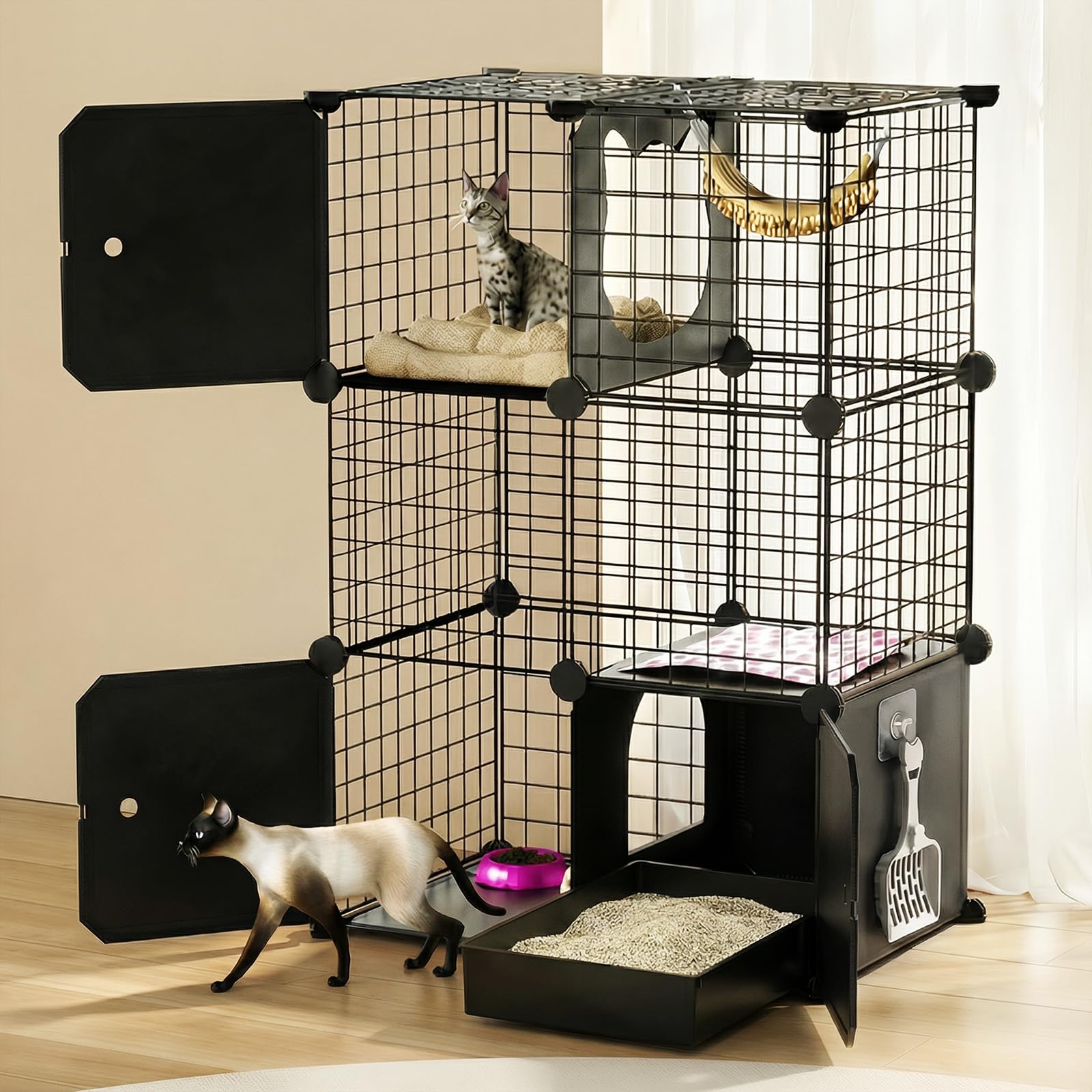 PAWING cat enclosure 3-tier design offers elevated play space for indoor cats.