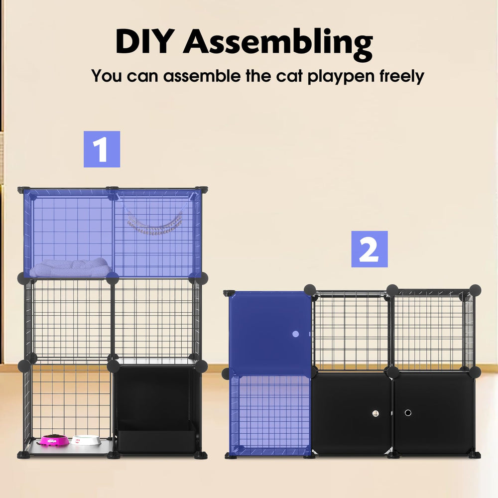 PAWING cat enclosure litter-area highlights private litter space for mess control.