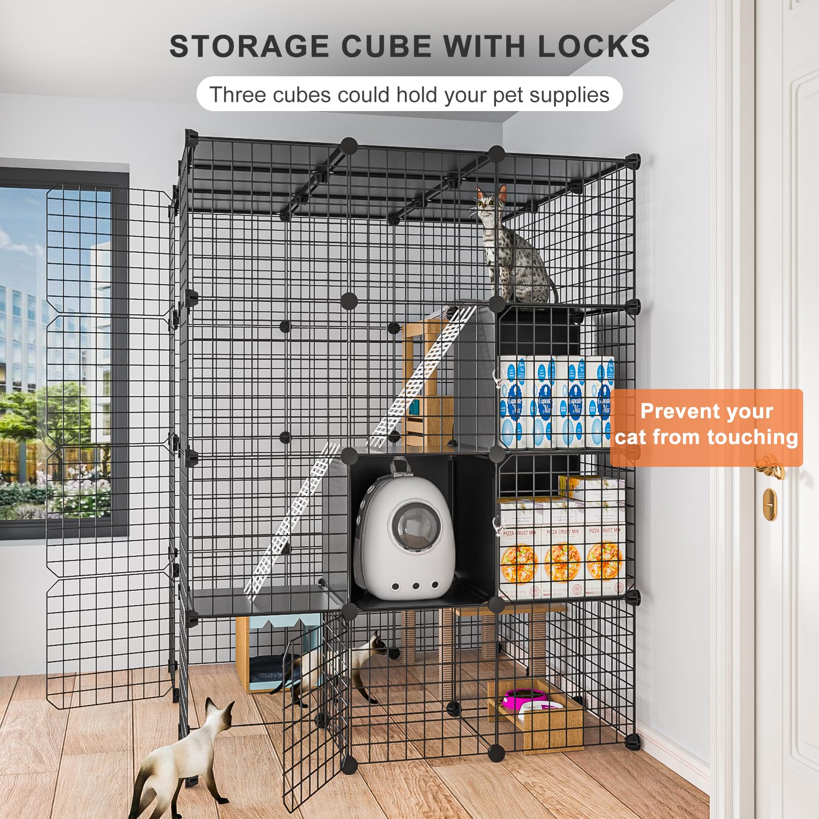 PAWING cat enclosure features platforms for climbing and lounging.
