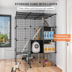 PAWING cat enclosure features platforms for climbing and lounging.