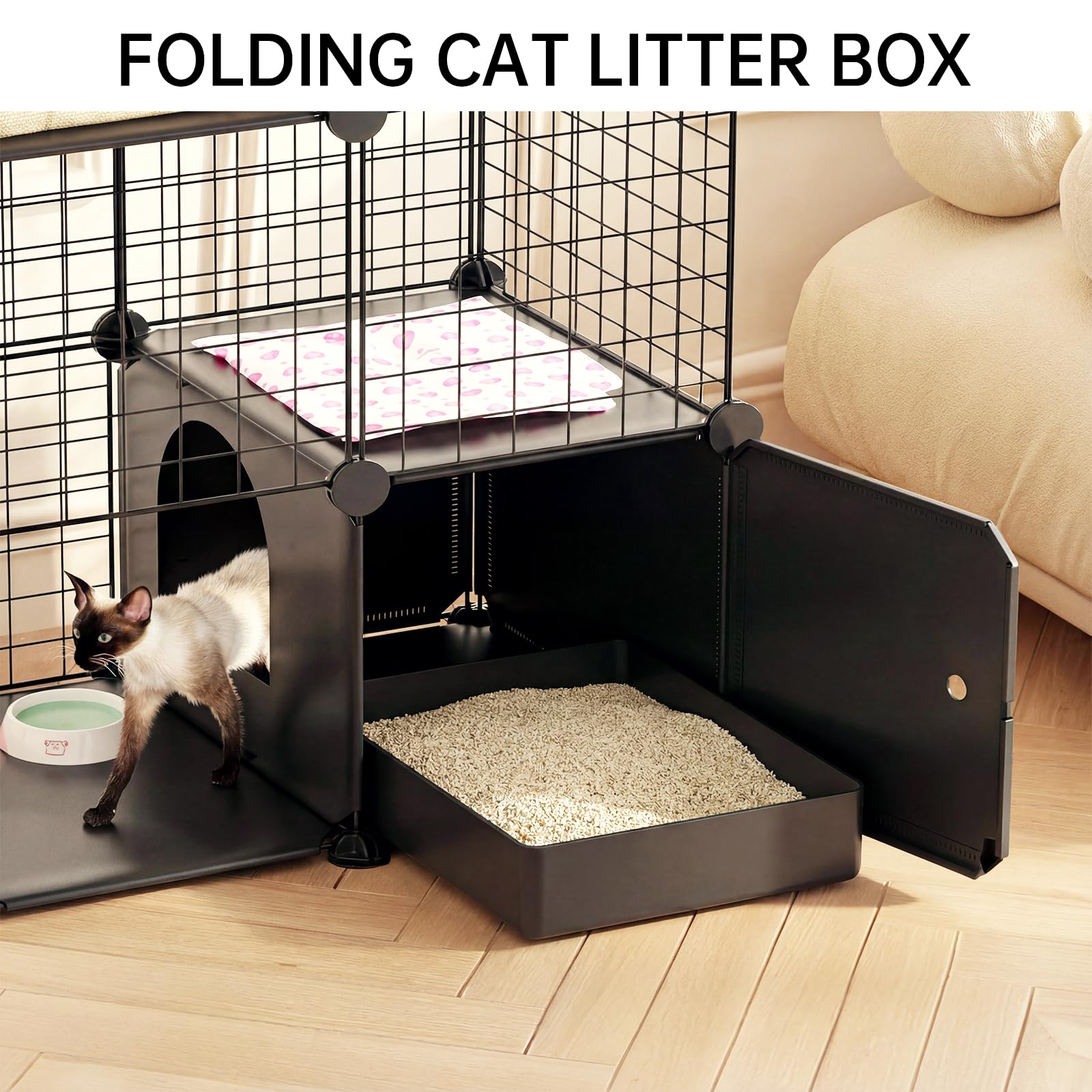 PAWING cat enclosure removable-tray simplifies cleaning and floor protection.
