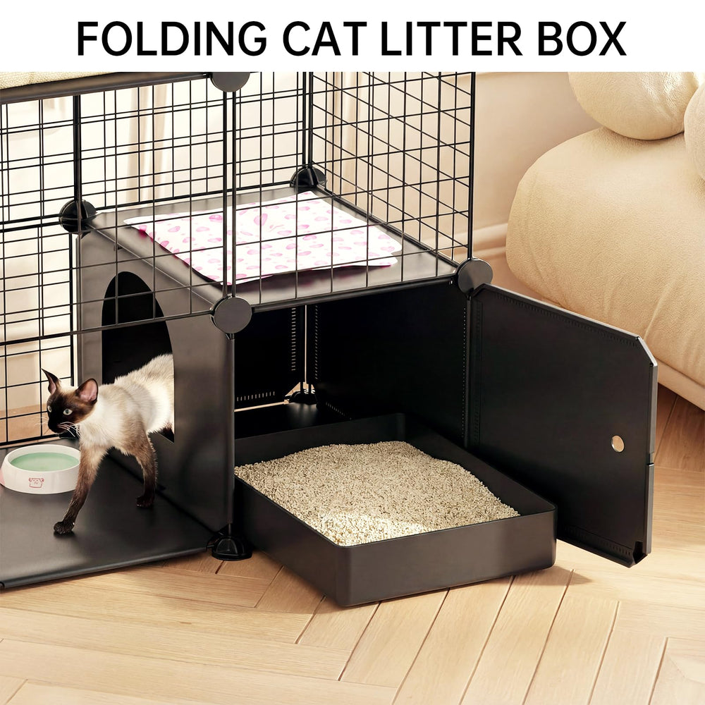 PAWING cat enclosure removable-tray simplifies cleaning and floor protection.