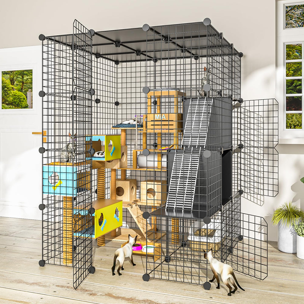 PAWING large cat cage indoor with storage cubes keeps toys organized and accessible.