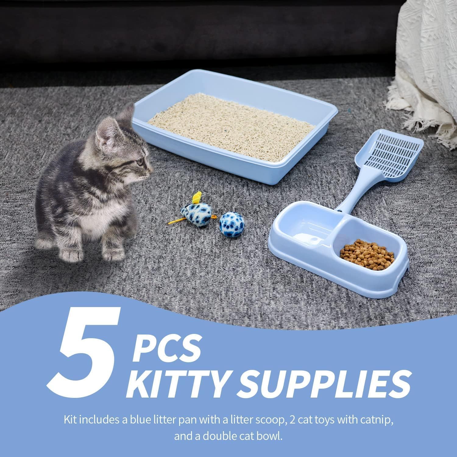 PAWISE dual-bowl set keeps food and water neatly separated for kittens.