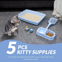 PAWISE dual-bowl set keeps food and water neatly separated for kittens.