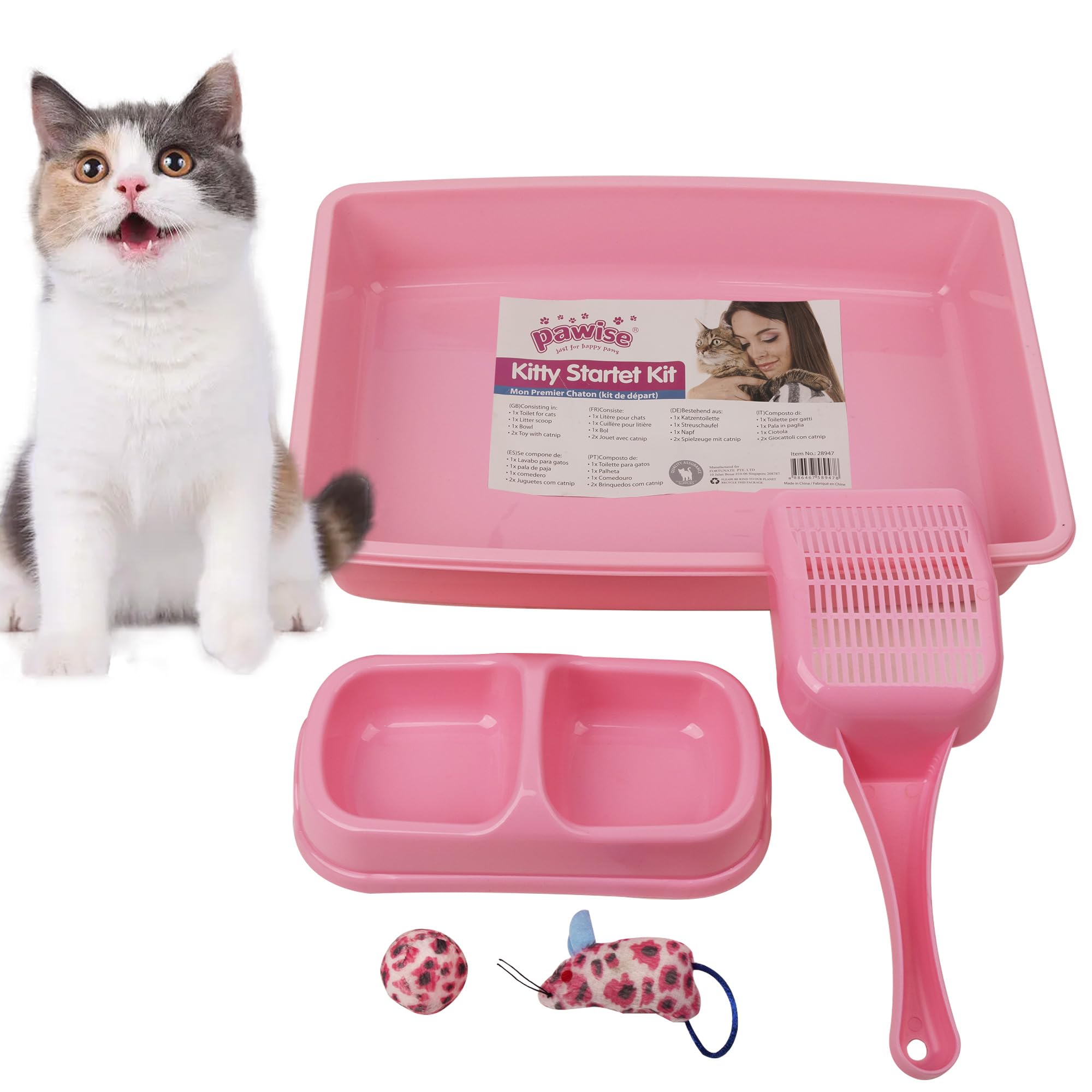 PAWISE kitten starter kit pink, ideal for new indoor kittens and easy setup.