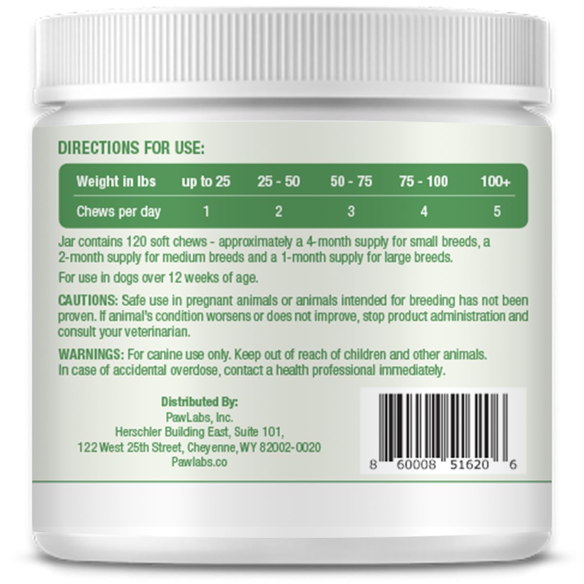 PawLabs Calming Hemp Chews bottle with chews promotes dog calmness.