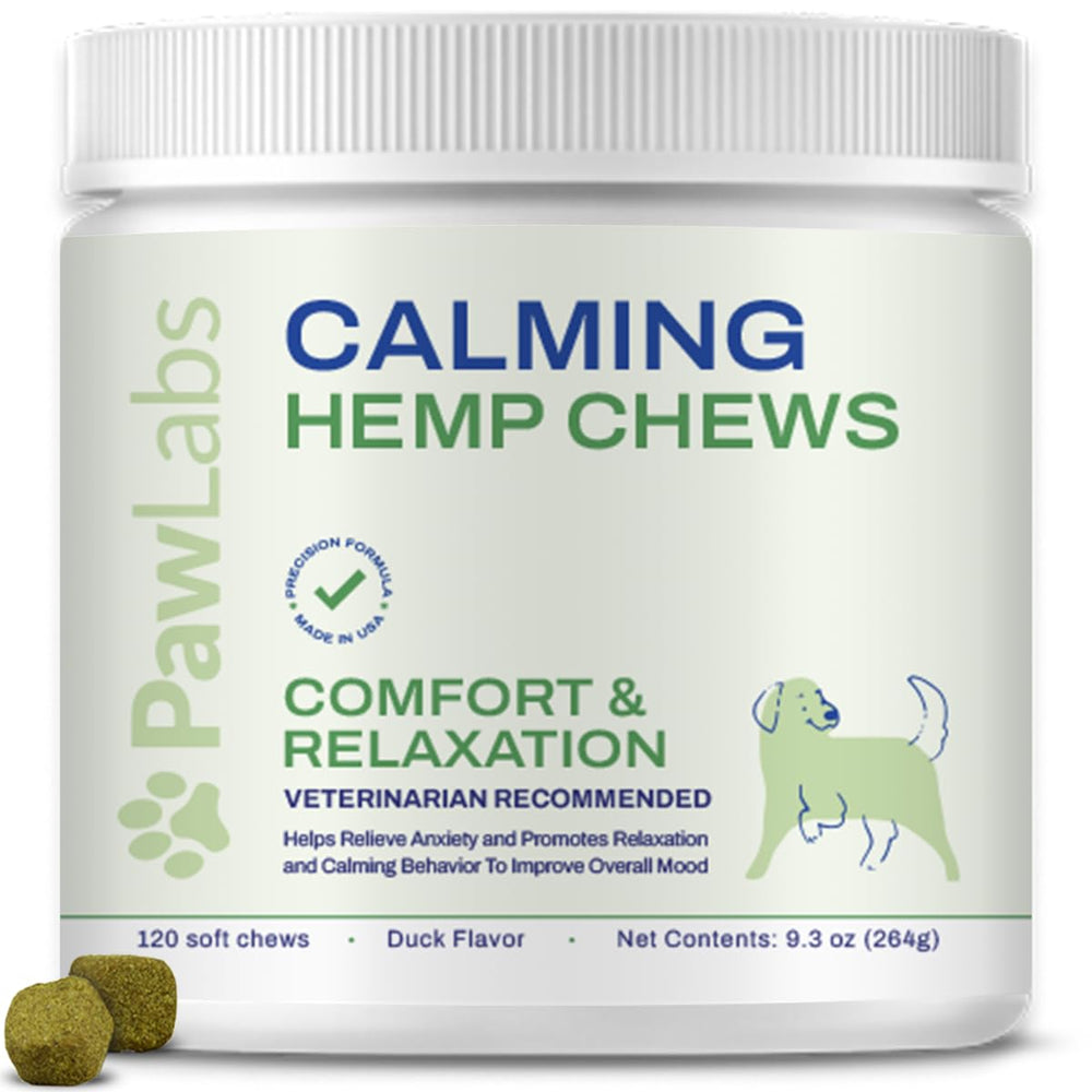 PawLabs Calming Hemp Chews duck flavor front packaging, natural calming option for dogs.