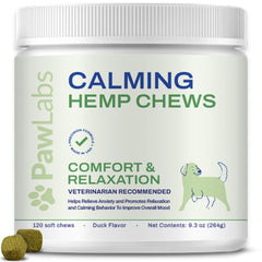 PawLabs Calming Hemp Chews duck flavor front packaging, natural calming option for dogs.