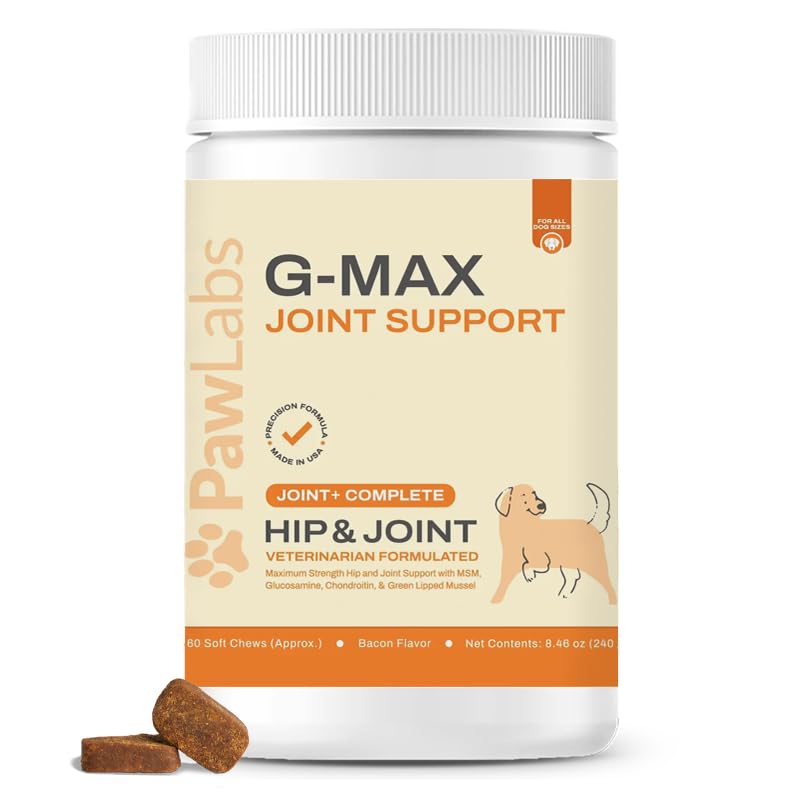 Pawlabs G-Max bottle label emphasizing joint health for dogs.