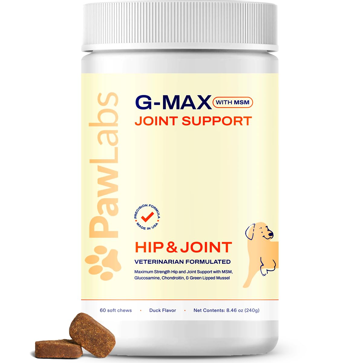 Pawlabs G-Max Joint Chews bottle-front view for canine joint support.