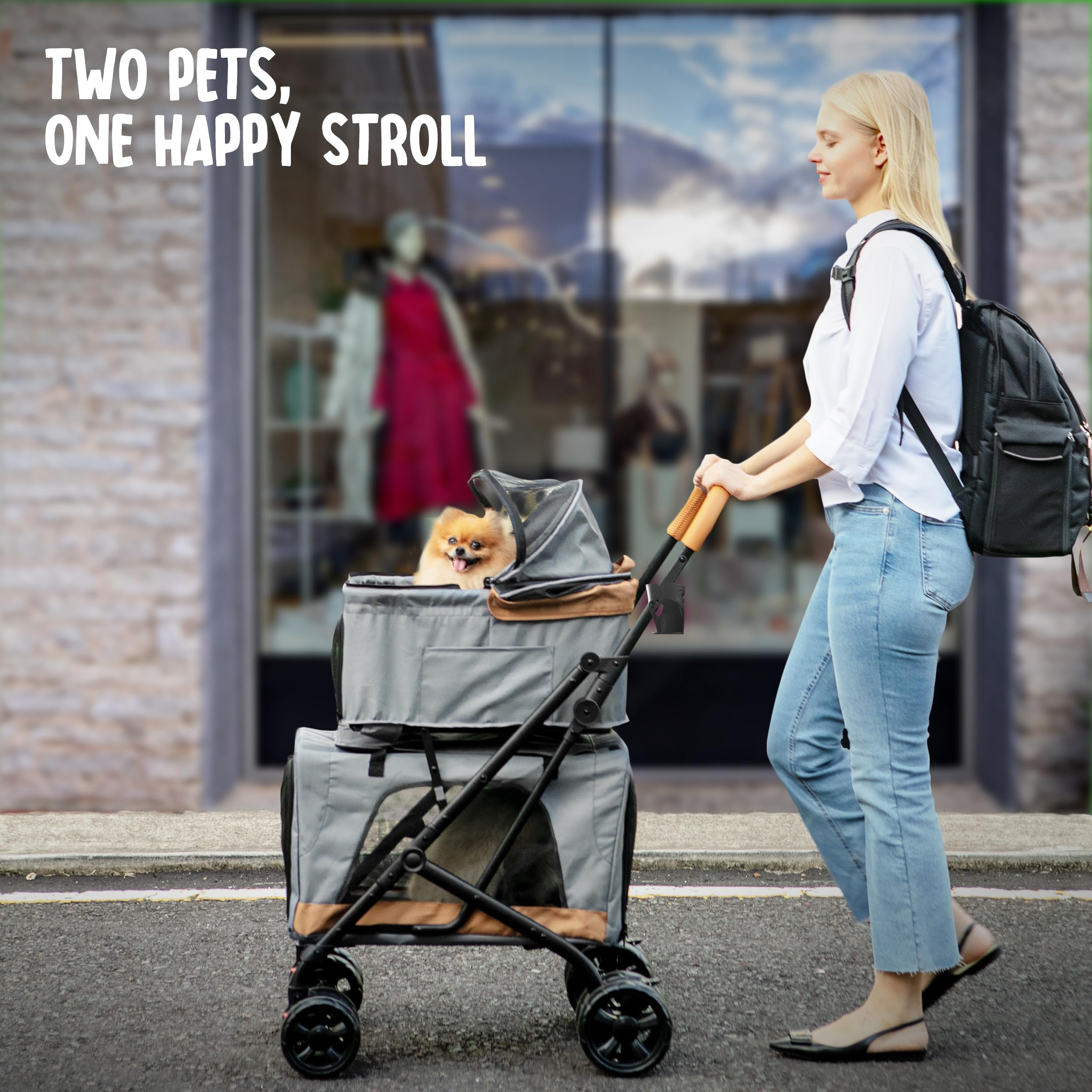 PAWLALA double pet stroller side view showing easy maneuverability for outings