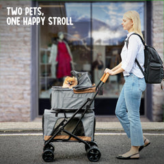 PAWLALA double pet stroller side view showing easy maneuverability for outings