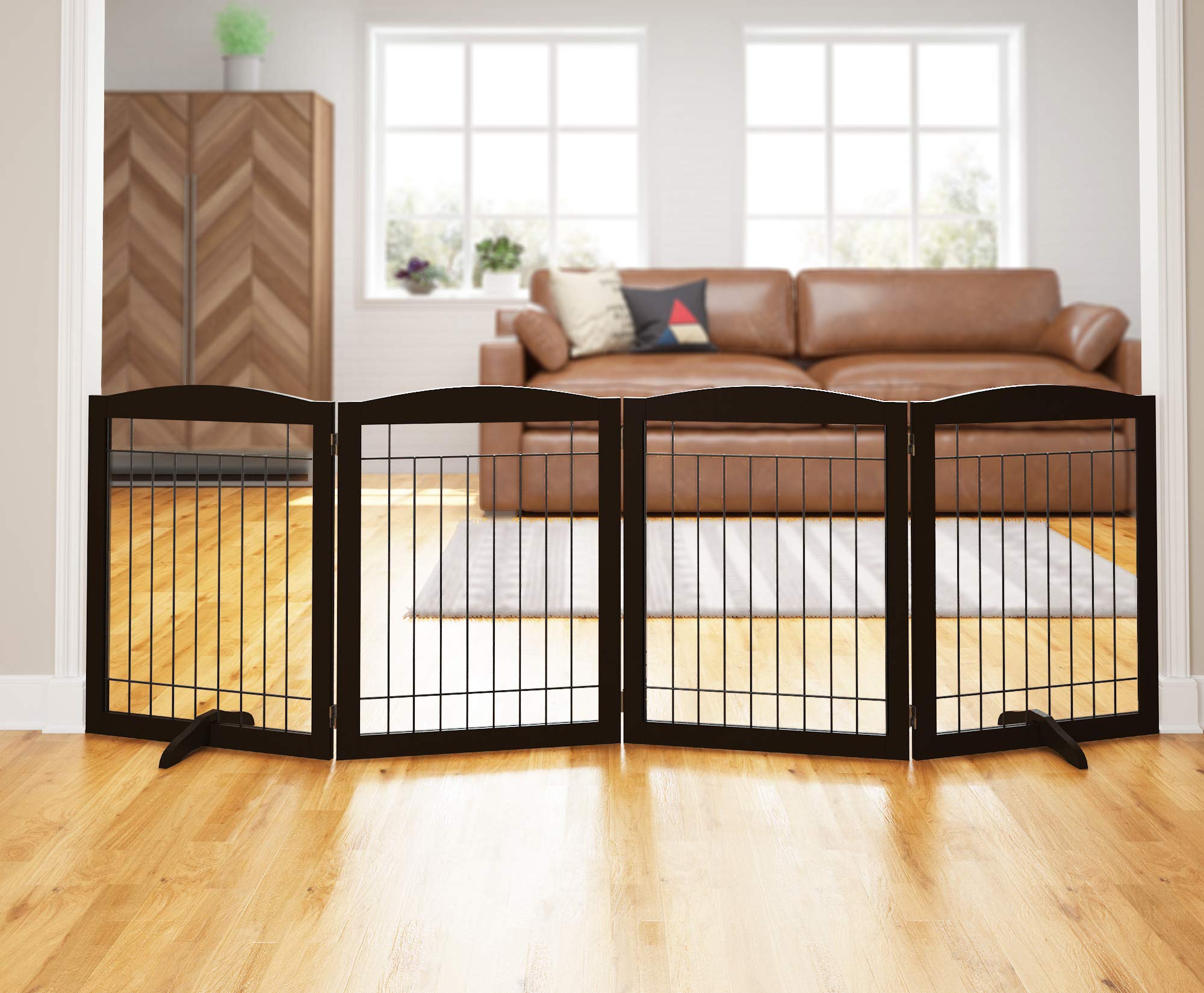 PAWLAND 96-inch extra-wide dog gate in espresso for doorways and hallways, supporting safe passage.