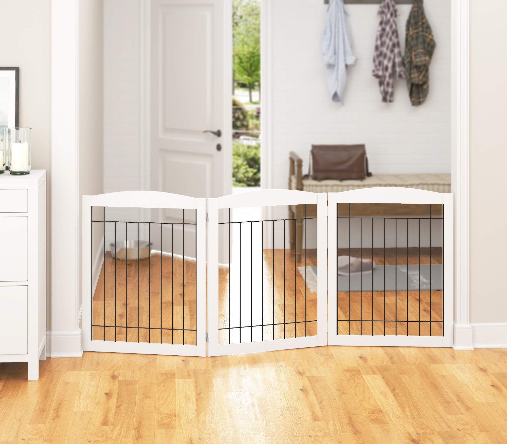 PAWLAND gate folded for compact storage in a closet or hallway