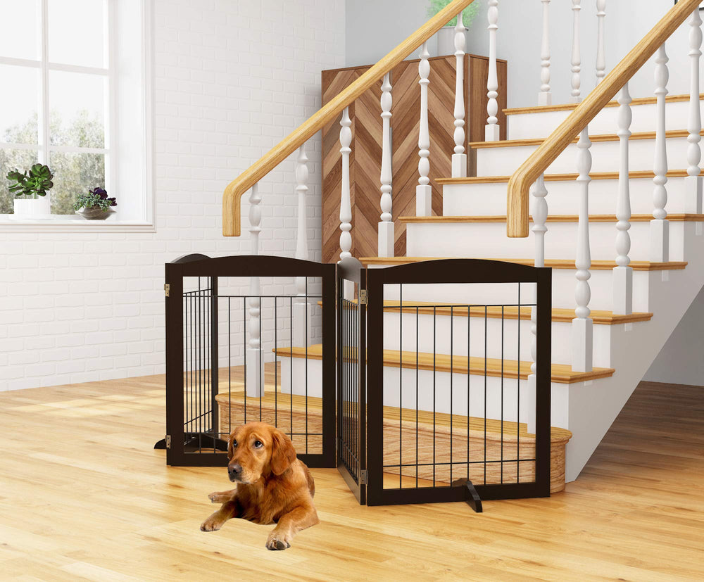 PAWLAND espresso gate for doorways and hallways, collapsible for compact storage.