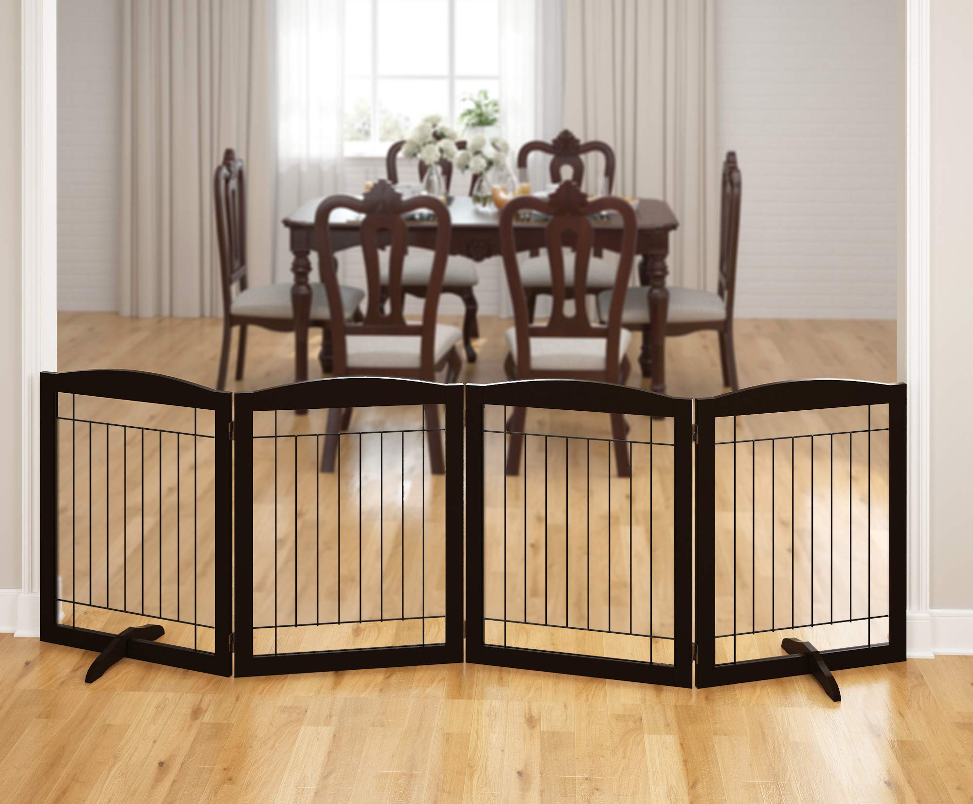 PAWLAND wooden gate with folding design in espresso for flexible room setups.