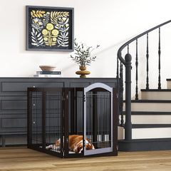 PAWLAND extra-wide tall gate in espresso finish blending with home decor.