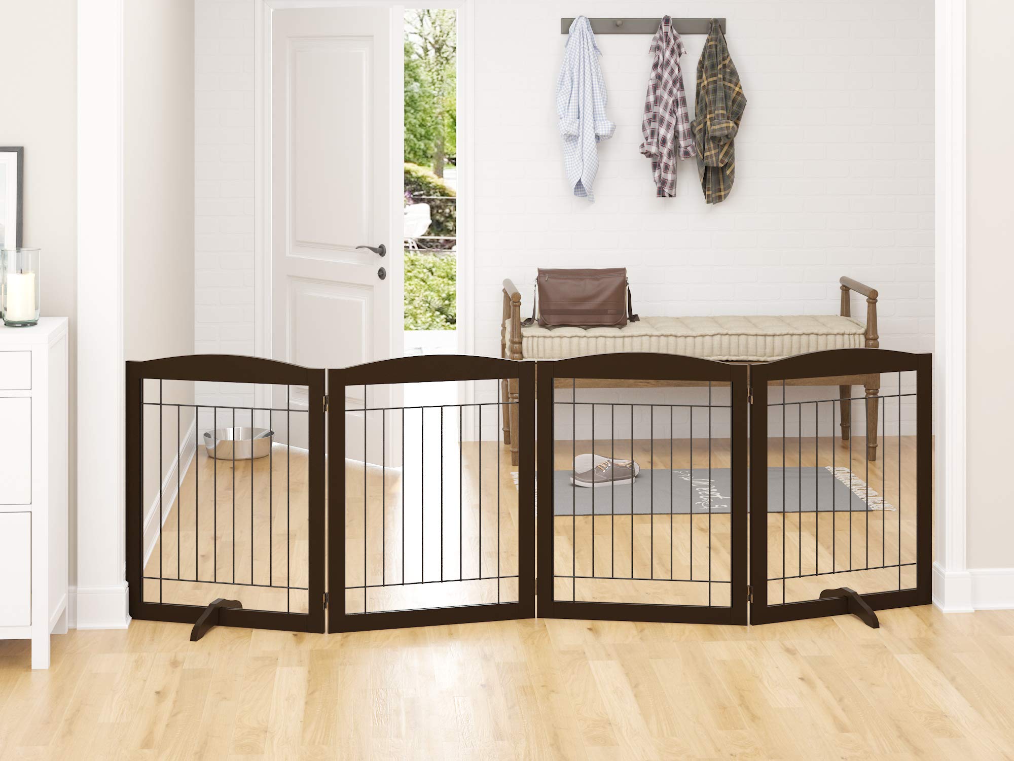 PAWLAND freestanding dog gate in wide Z-shape used in stairs for easy positioning.