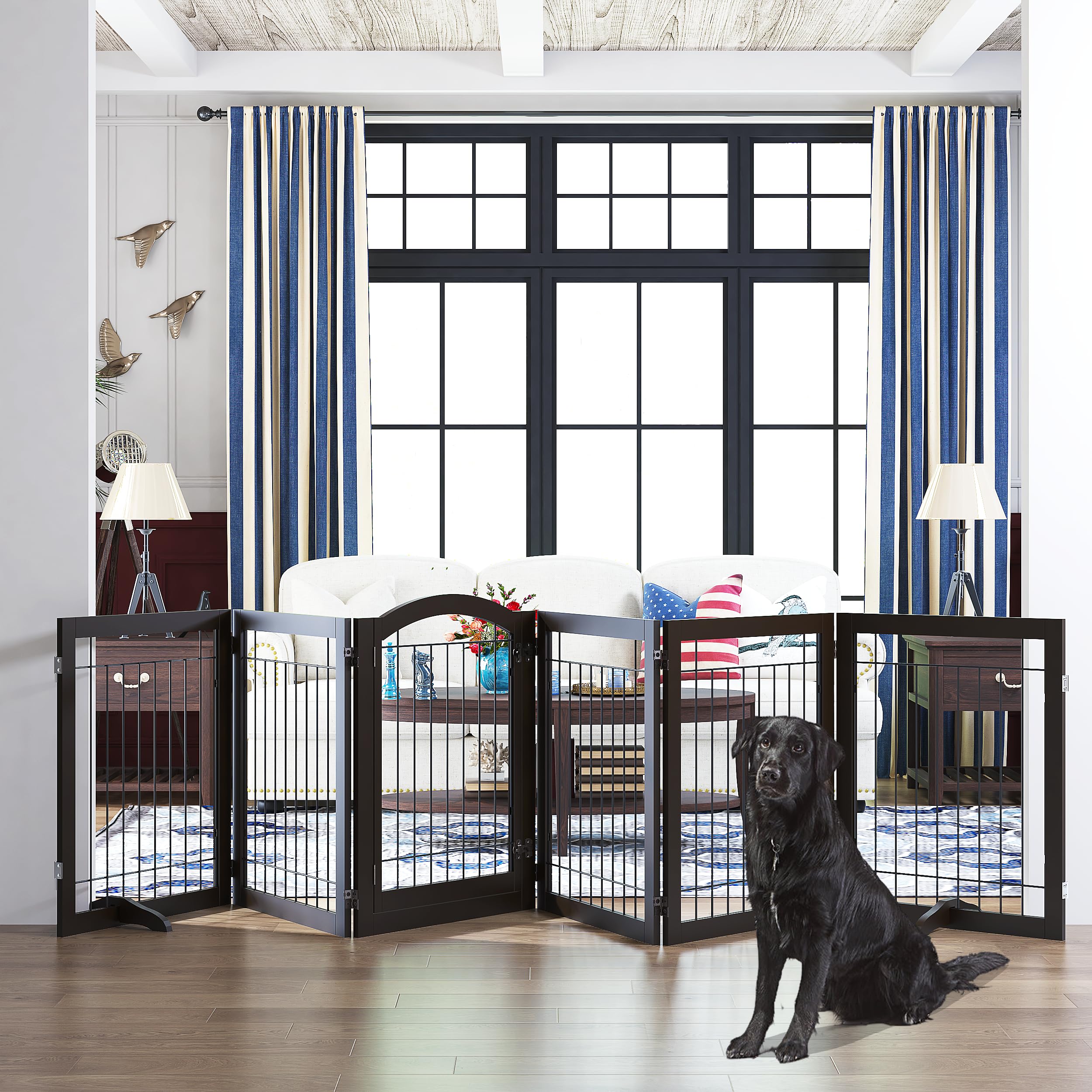 PAWLAND six-panel freestanding gate used as a spacious playpen.