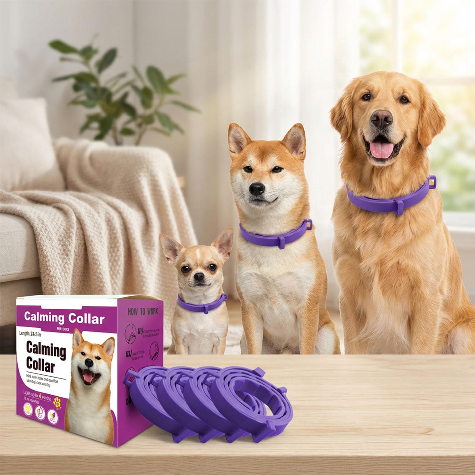 Pawlax purple calming collar worn by a dog during training and walks