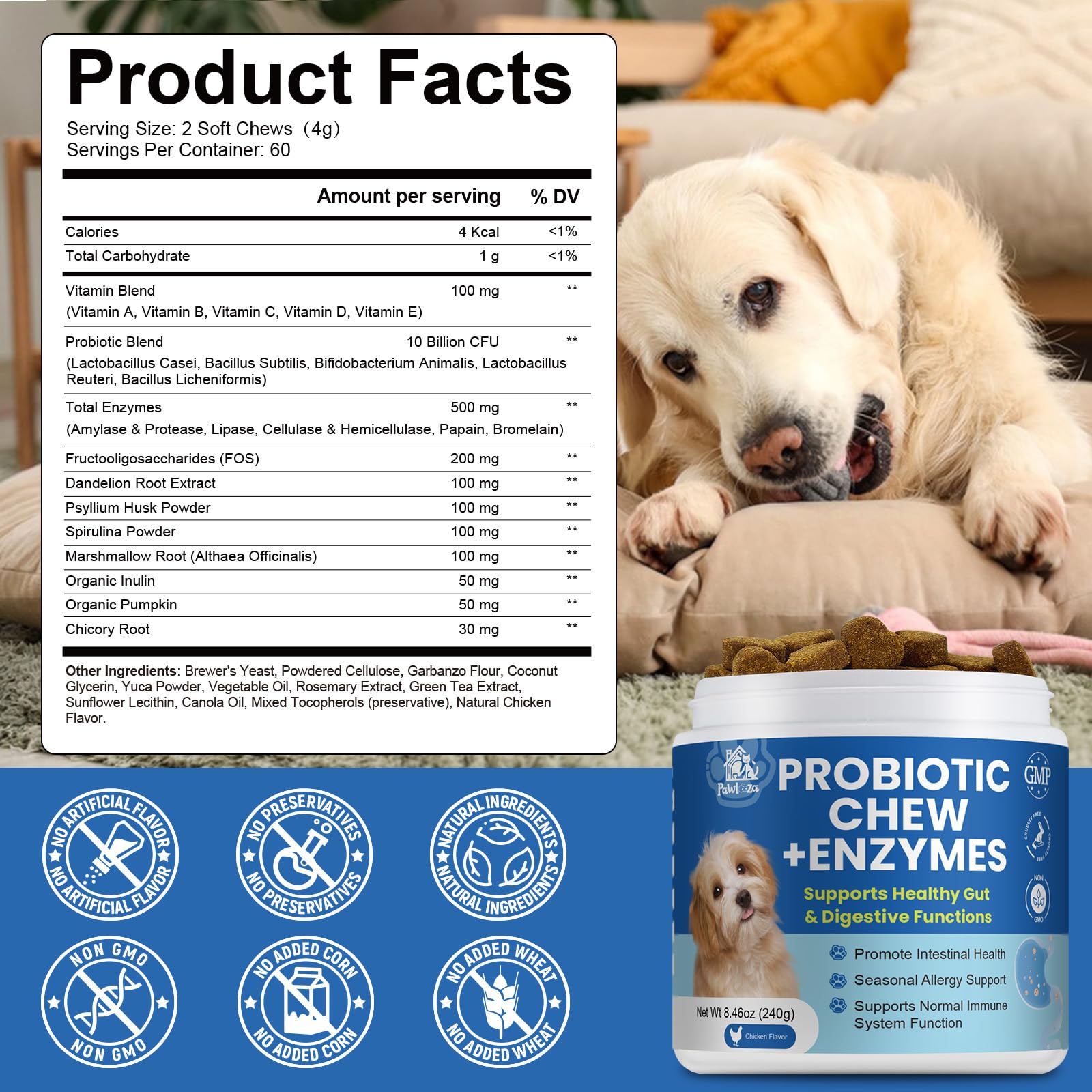 Pawlooza Fruit Oligosaccharides prebiotic label highlights gut flora nourishment.