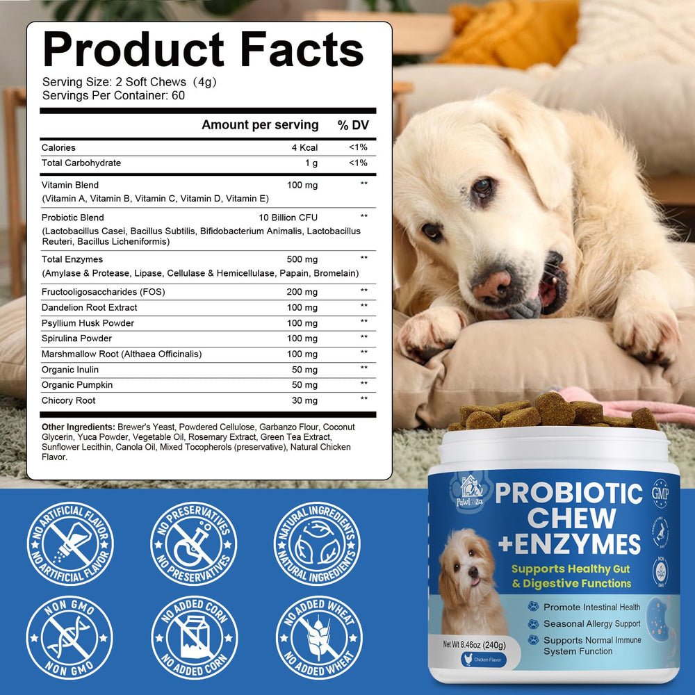 Pawlooza Fruit Oligosaccharides prebiotic label highlights gut flora nourishment.