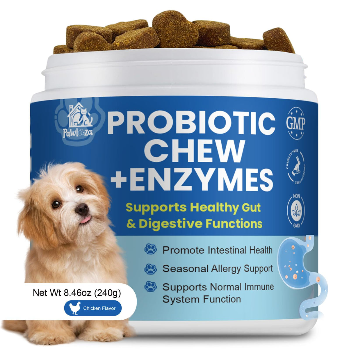 Pawlooza Probiotics Dog Allergy Chews package promotes immune balance and skin comfort benefits.