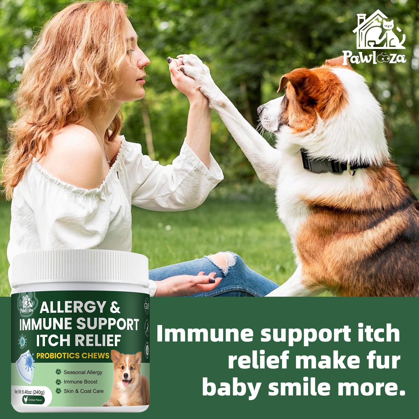Bottle pour of Pawlooza Probiotics for Dogs in a kitchen setting