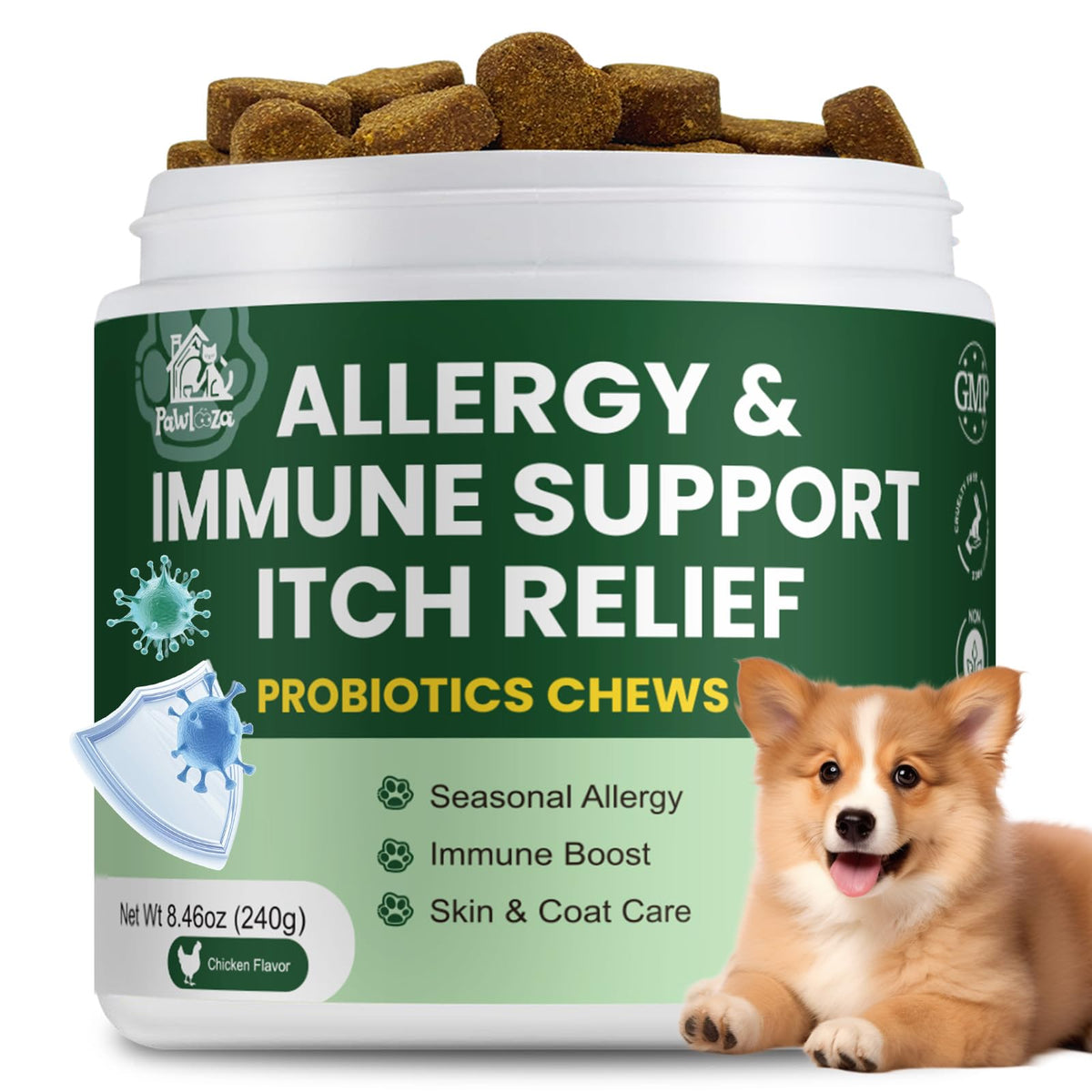 Pawlooza Probiotics for Dogs bottle showing 10B CFU for gut balance