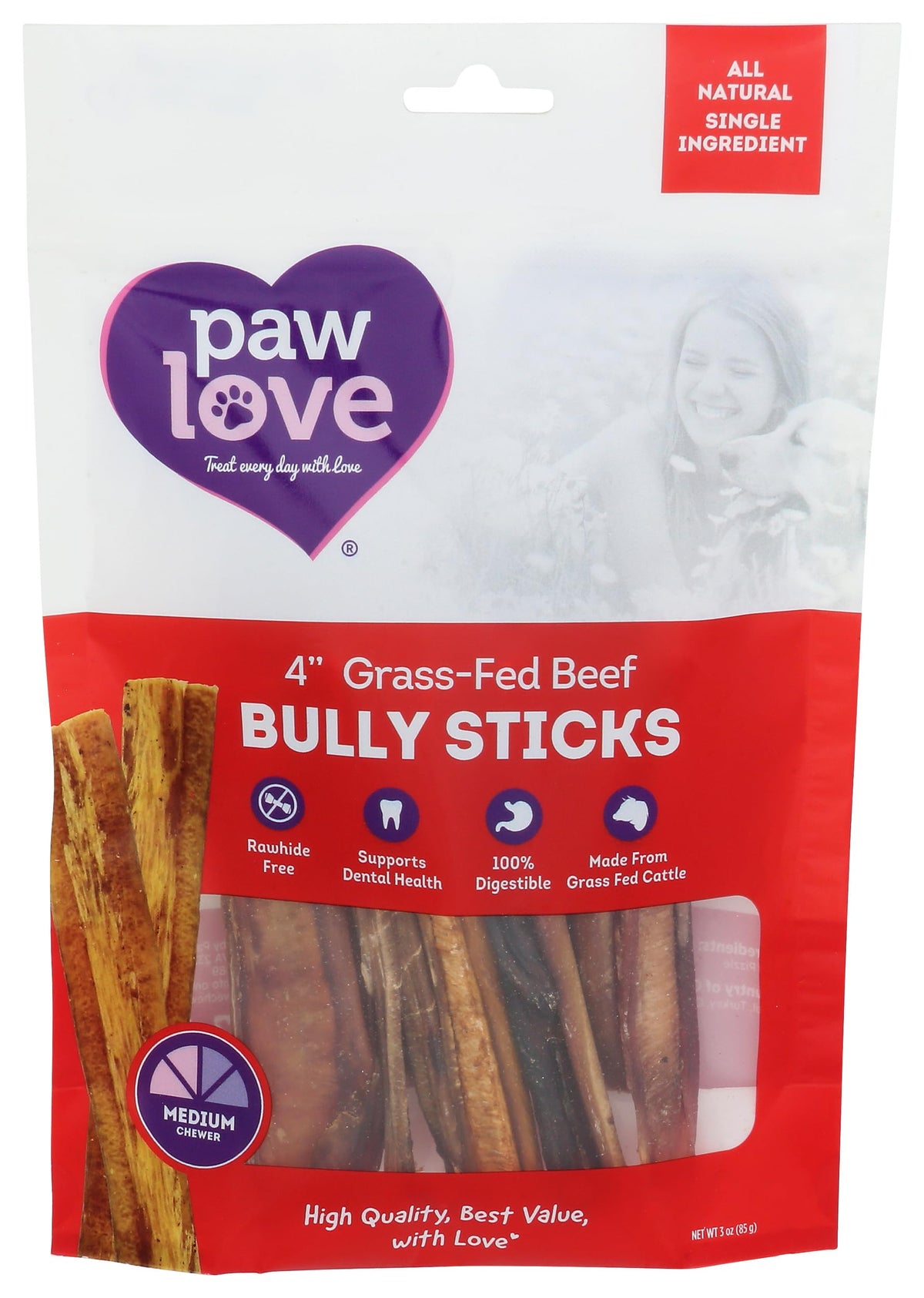 PawLove bully dog chew 4-inch grass-fed beef for durable chewing.