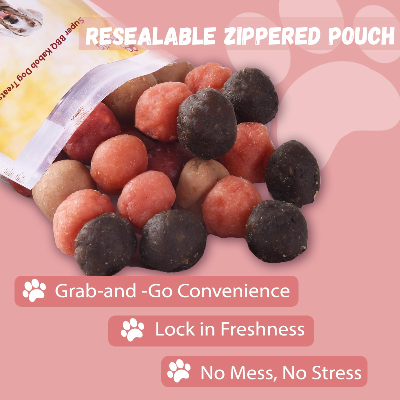 Pawmate travel-pack kabobs image emphasizing mess-free, on-the-go treats