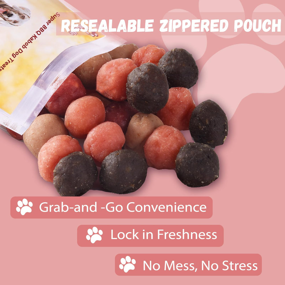 Pawmate travel-pack kabobs image emphasizing mess-free, on-the-go treats