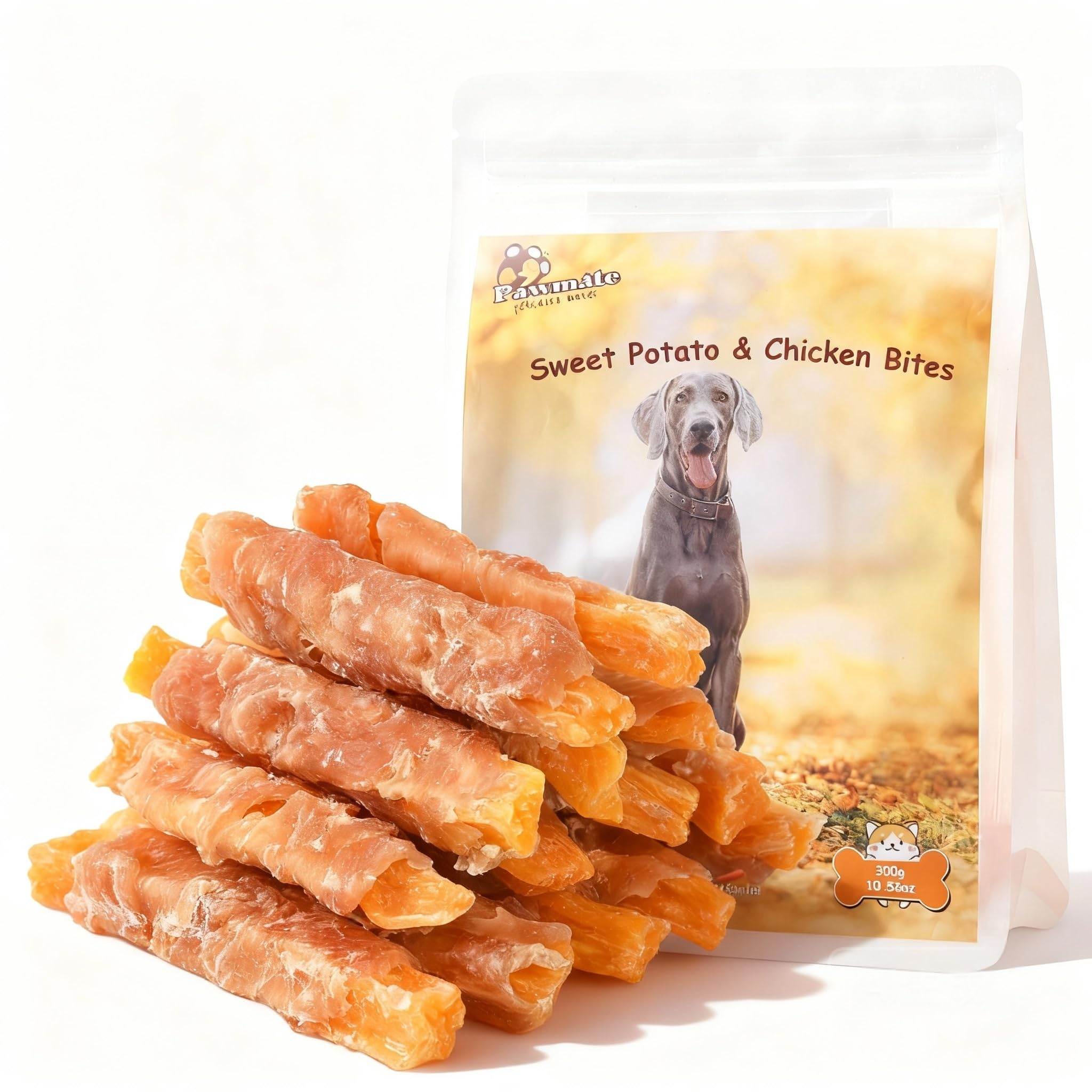 Pawmate chicken jerky wrapped sweet potato bite showcases a soft low-fat chew for dogs.