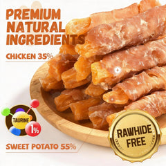 Pawmate chicken jerky wrapped sweet potato treats pack ideal for training rewards.