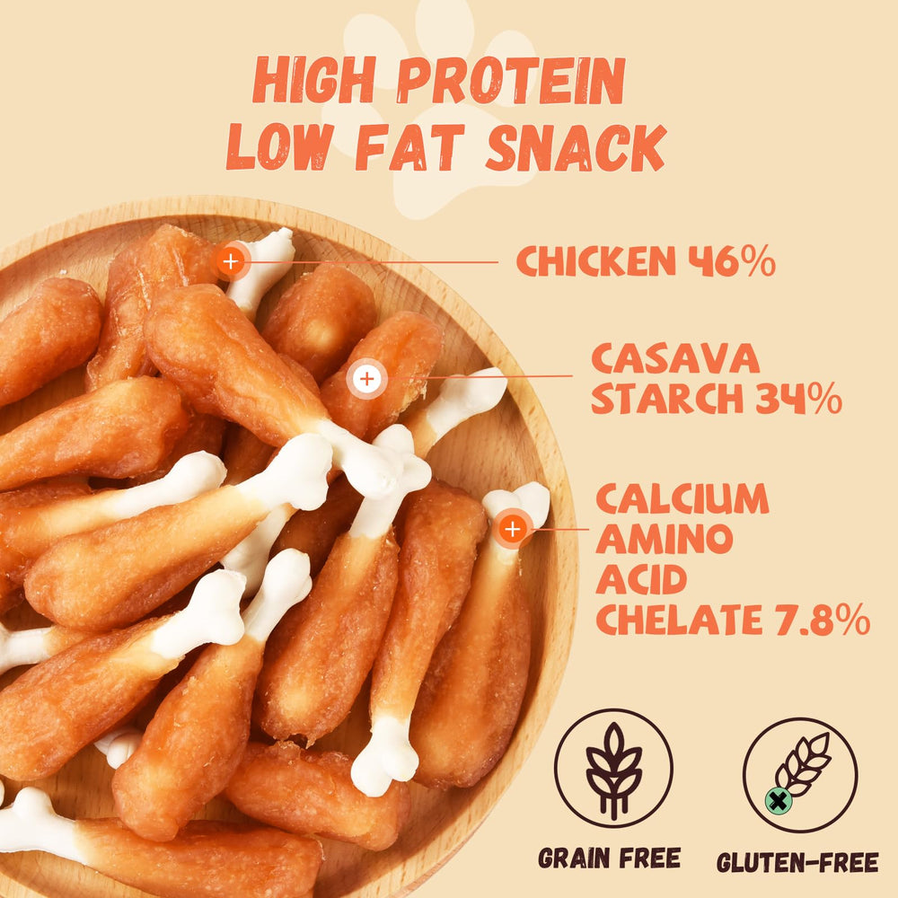 Pawmate chicken-wrapped calcium bone closeup, savory chew that freshens breath and cleans teeth.