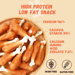 Pawmate chicken-wrapped calcium bone closeup, savory chew that freshens breath and cleans teeth.