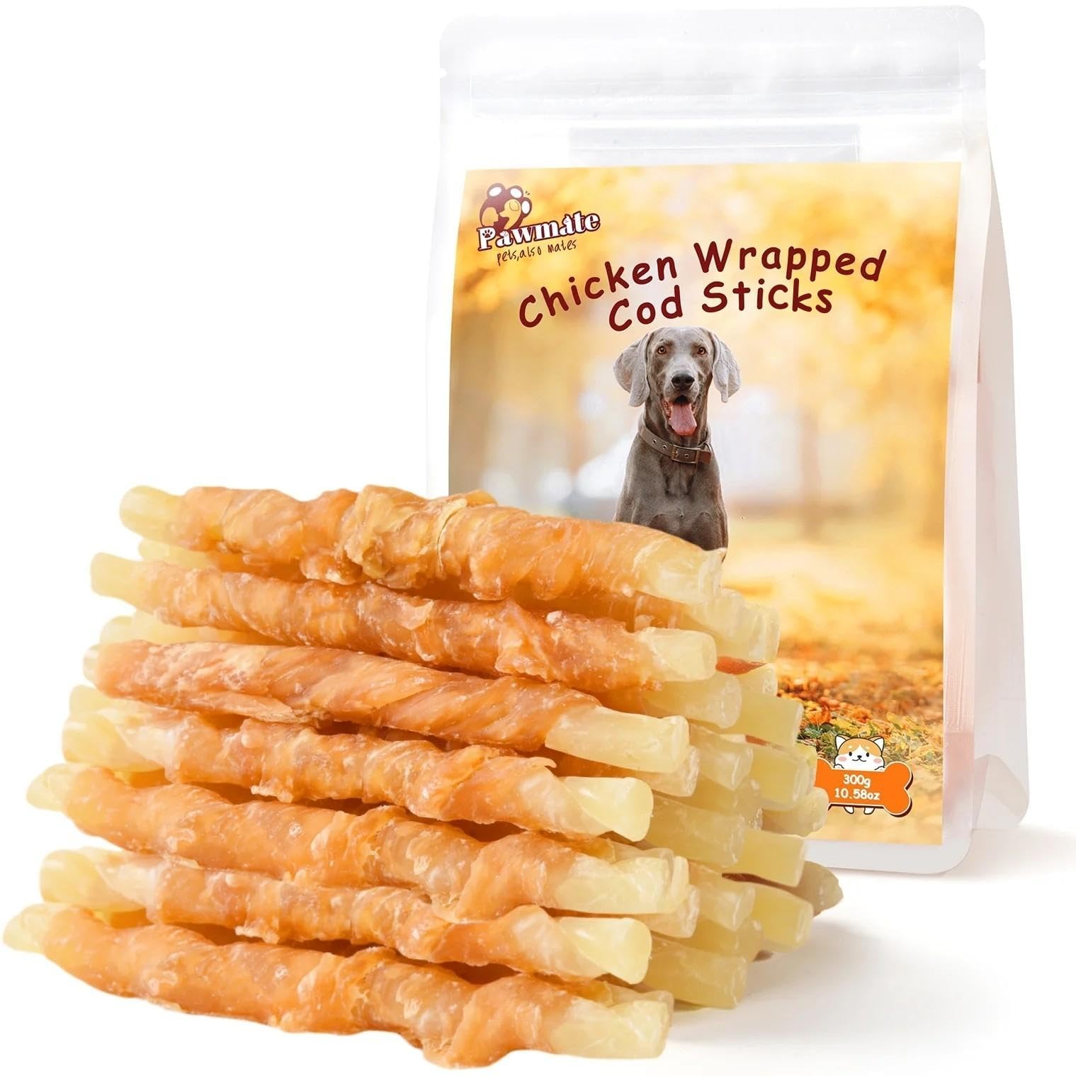 Pawmate chicken wrapped cod sticks treat pack for durable chewing and training.