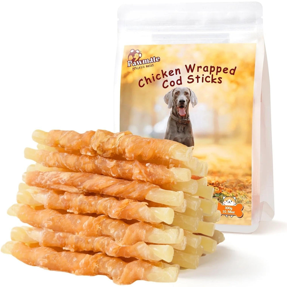 Pawmate chicken wrapped cod sticks treat pack for durable chewing and training.