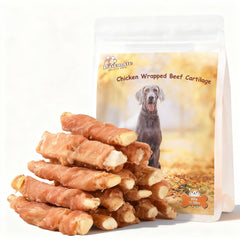 Pawmate dog treats chicken-wrapped beef cartilage packaging showing grain-free option and convenience