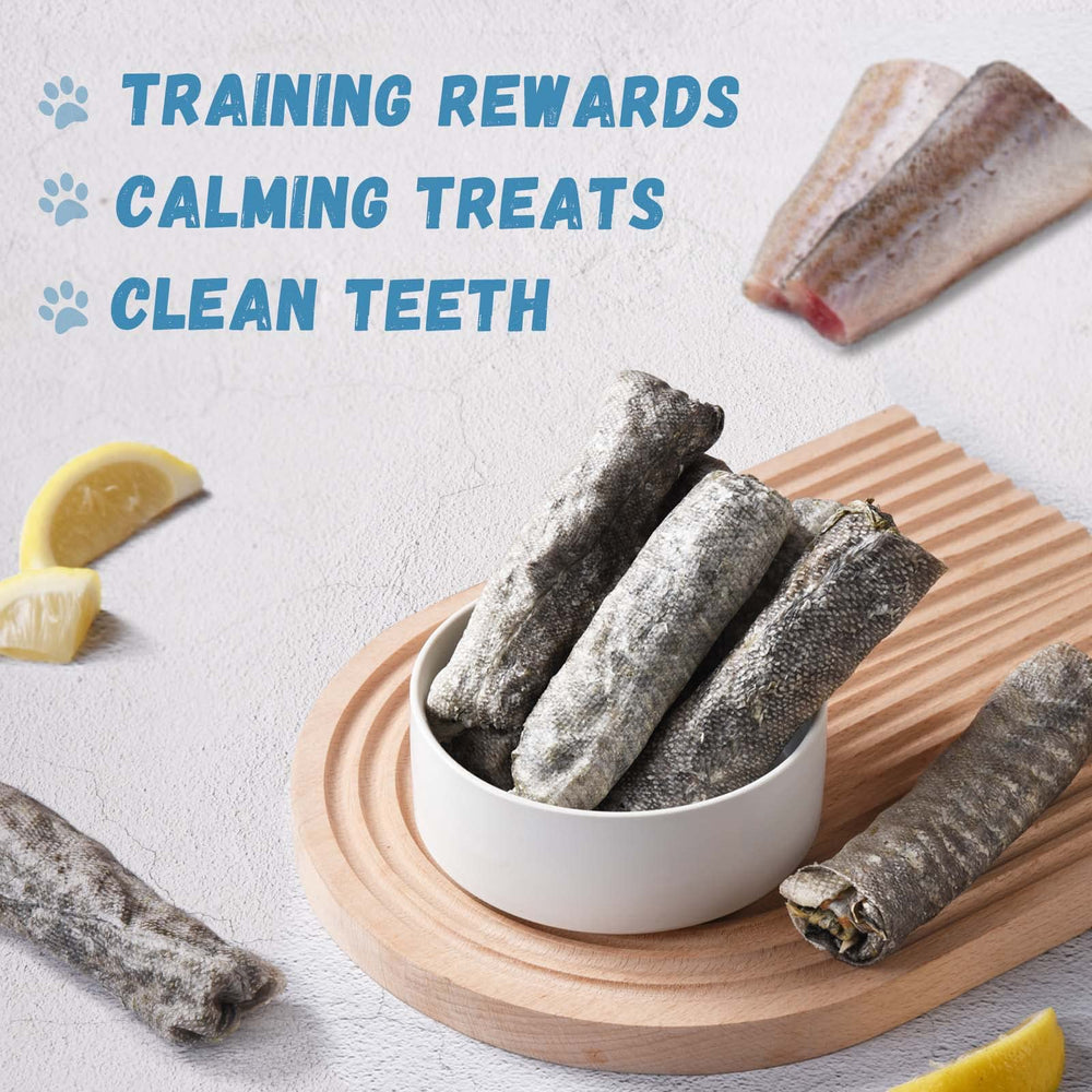 Pawmate dog treats with omega-3 cod skin promoting healthy coat