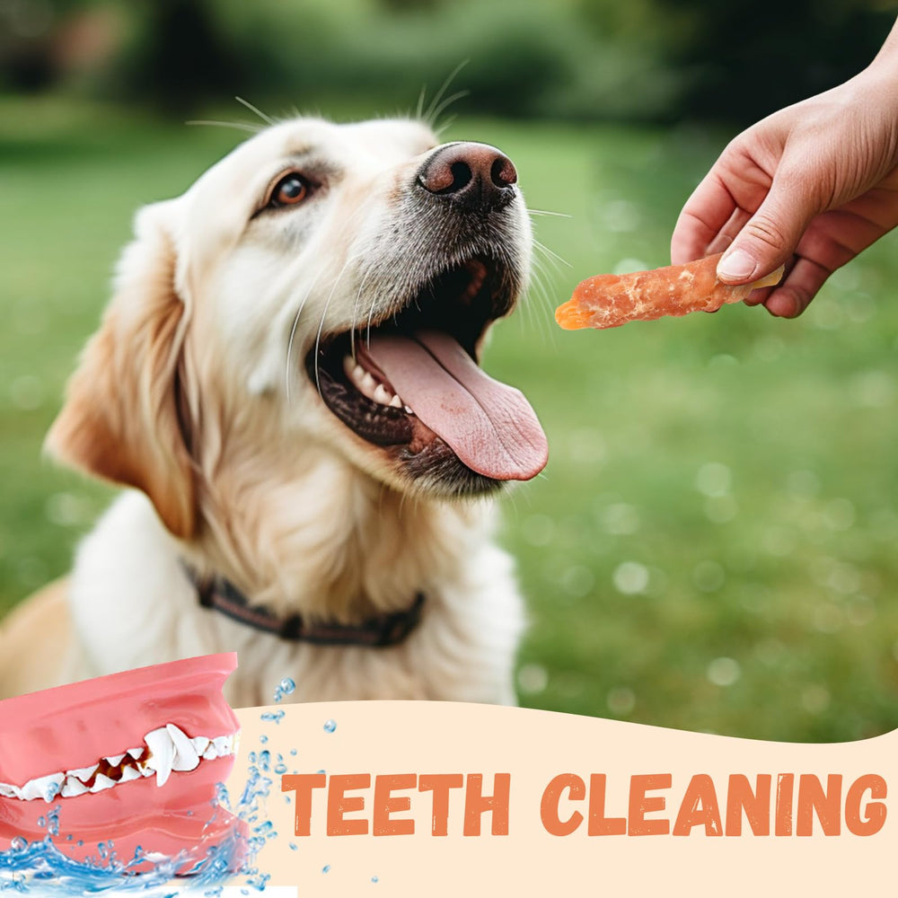 Pawmate Duck Jerky shown aiding dental hygiene by reducing plaque