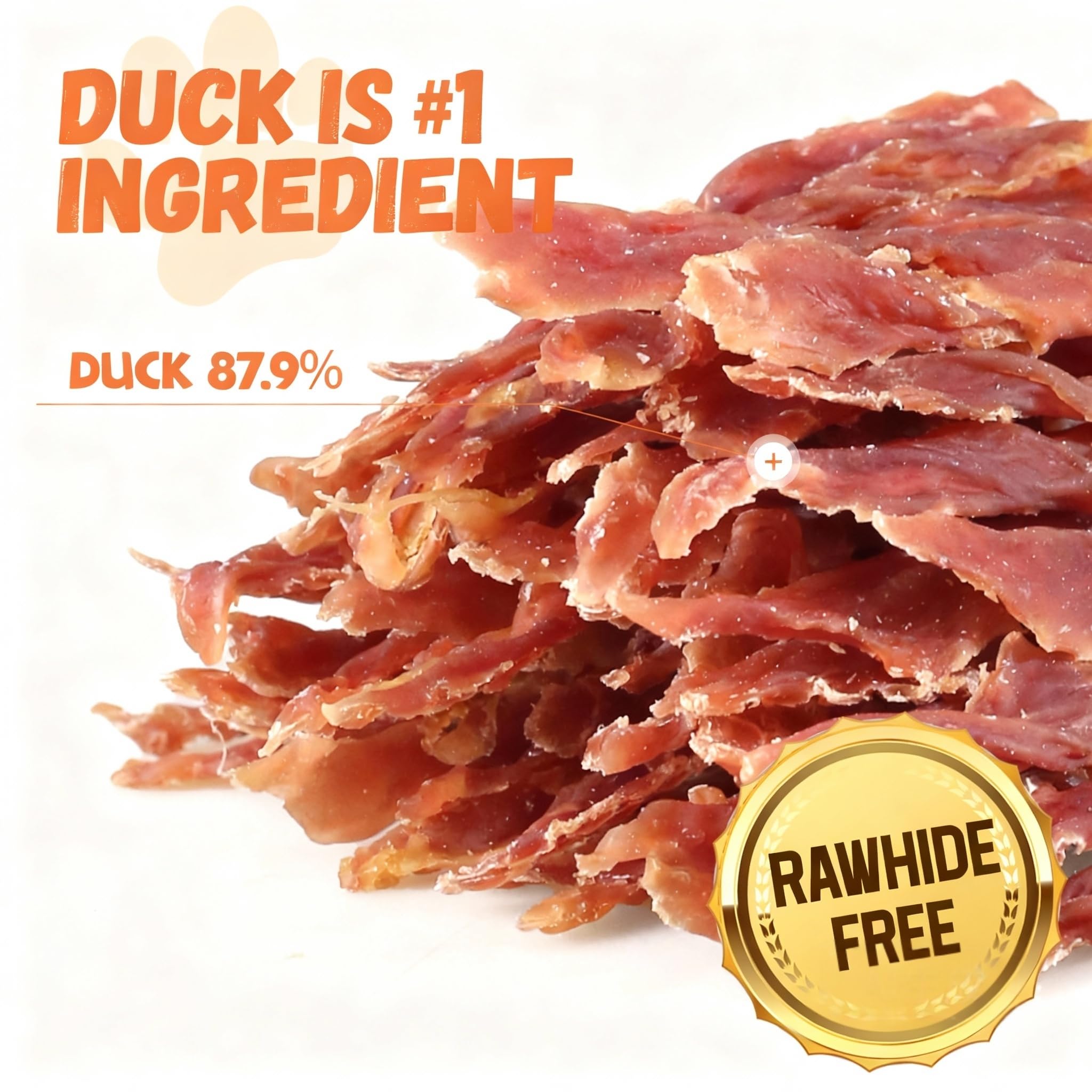 Pawmate Duck Jerky close-up shows 100% duck breast preserved by low-temperature baking