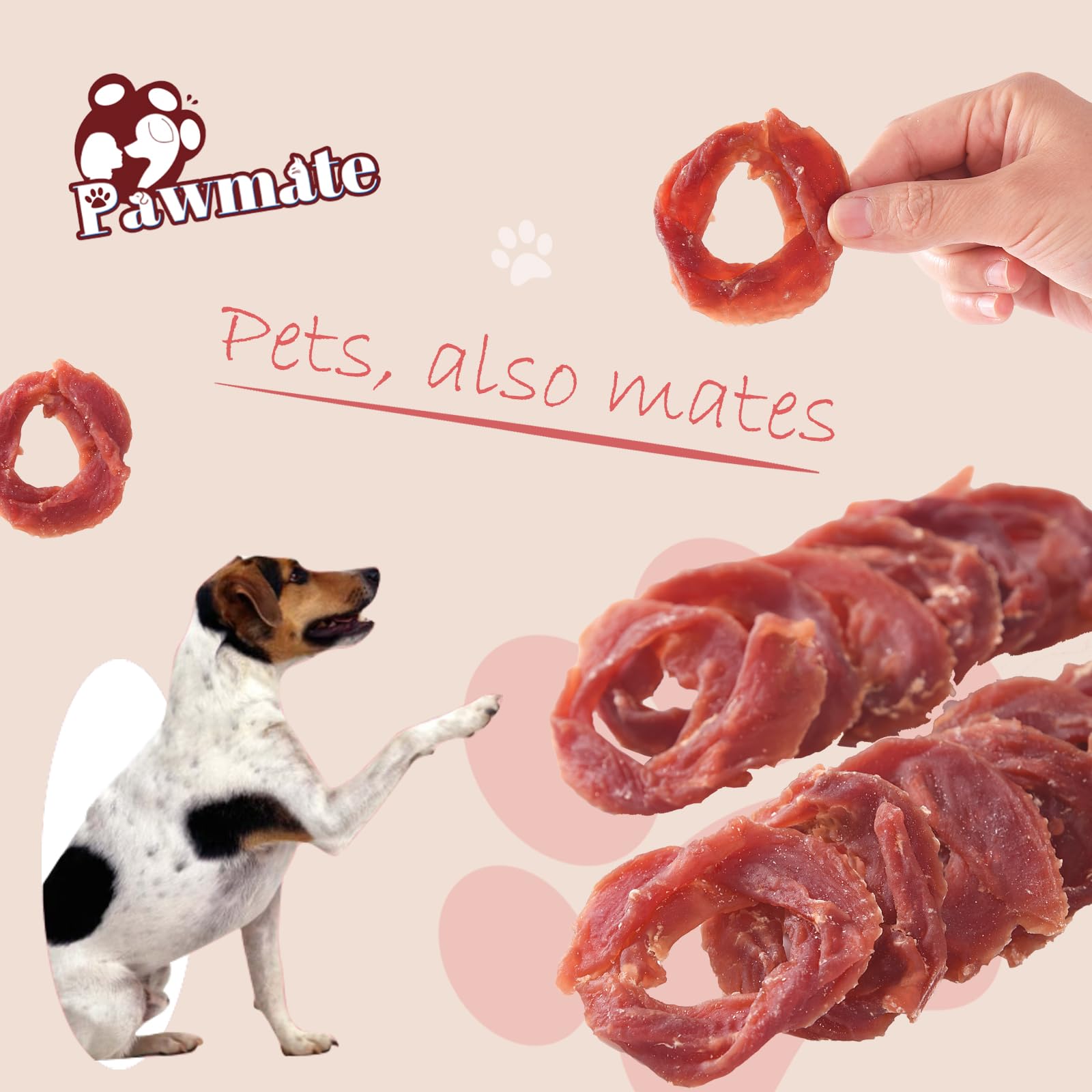 Pawmate Duck Jerky Rings dog-snack-use shot illustrates versatile reward for all sizes.
