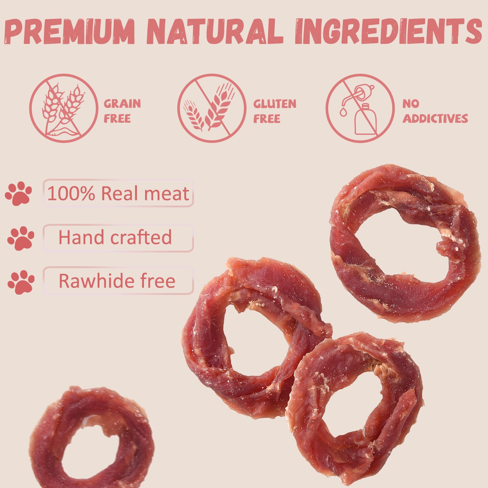 Pawmate Duck Jerky Rings healthy-coat frame hints at shine and vitality.