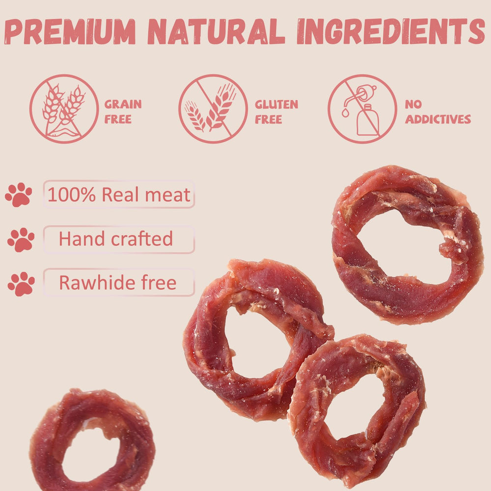 Pawmate Duck Jerky Rings healthy-coat frame hints at shine and vitality.