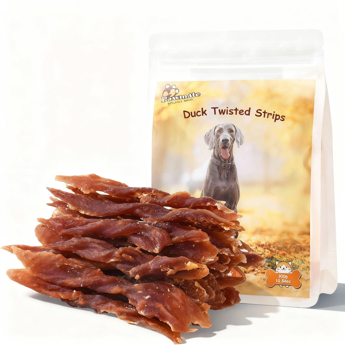 Pawmate Duck Jerky packaging shows a 10.6 oz bag with natural duck strips for training rewards