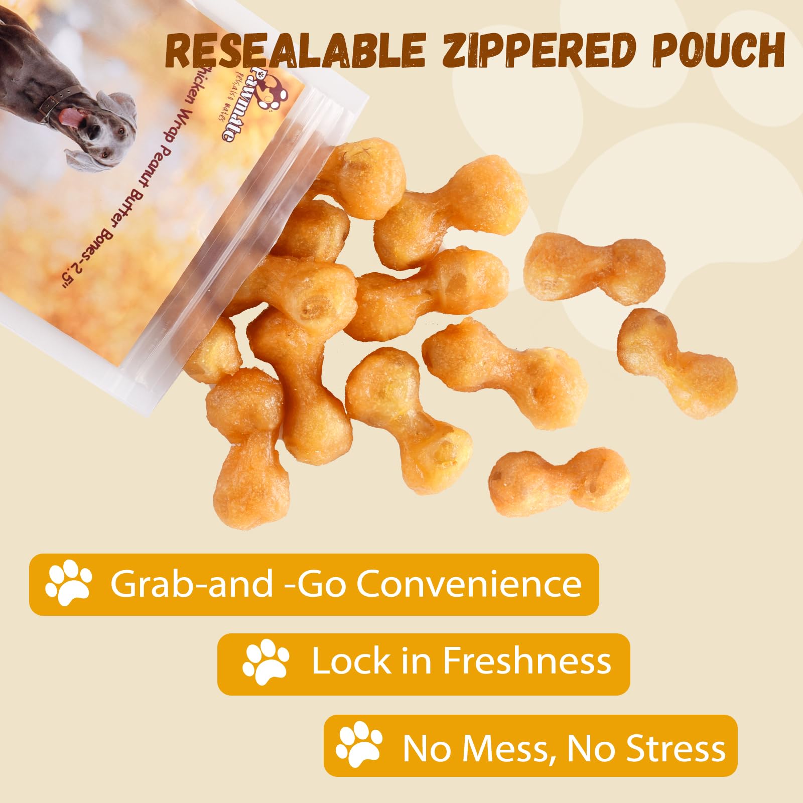 Gluten-free, grain-free, rawhide-free Pawmate treat packaging