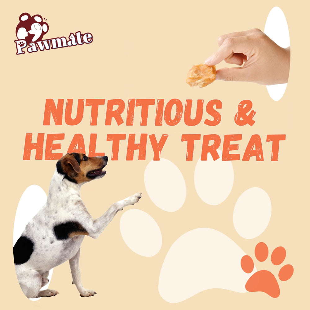 Pawmate banana-chicken chews framed as tasty dog snack.
