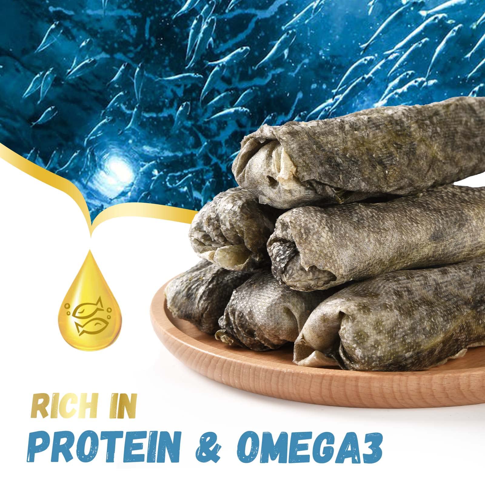 Medium-large breed chews: durable bites from cod skin rolls